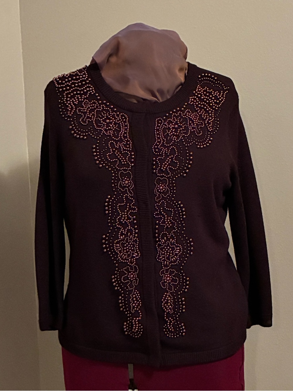 Jones New York Plum Beaded Cardigan Sweater